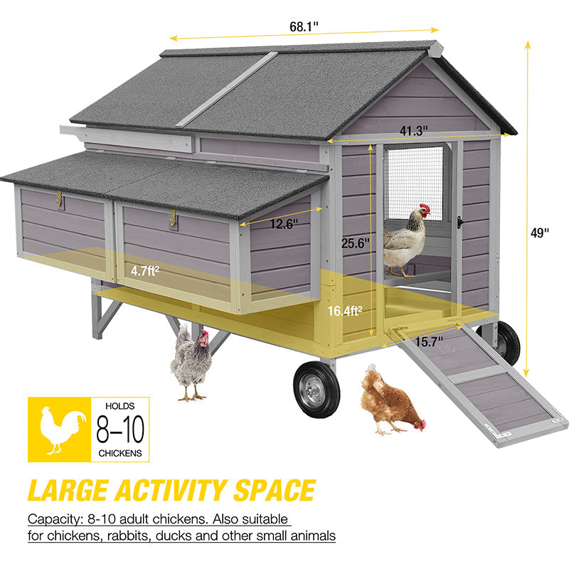 Morgete Chicken Coop Mobile Wooden Hen House with Nesting Box Large Poultry Cage Upgrade with Strong Iron Frame