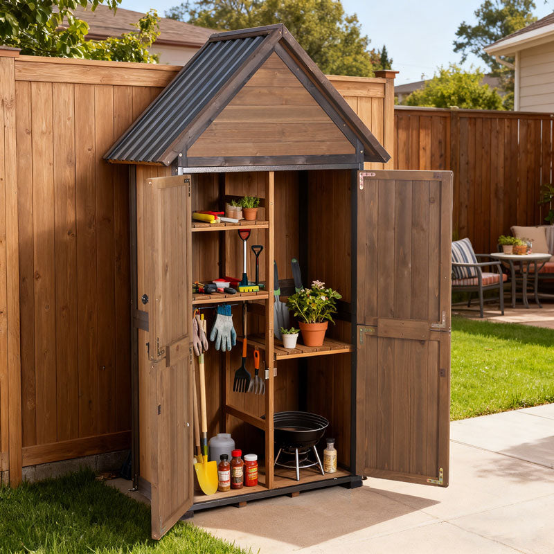 Aivituvin Wooden Garden Shed AIR7004-W, Outdoor Storage with Plastic Roof, Metal Frame