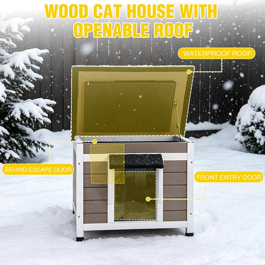wooden cat house with opening roof