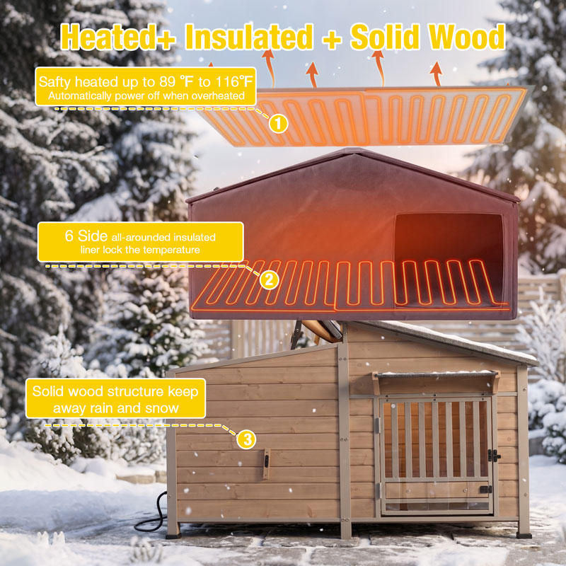Aivituvin Heated Wooden Dog House AIR7021-IN-HP, 39.7"L/60"L Insulated Liner, Metal Frame