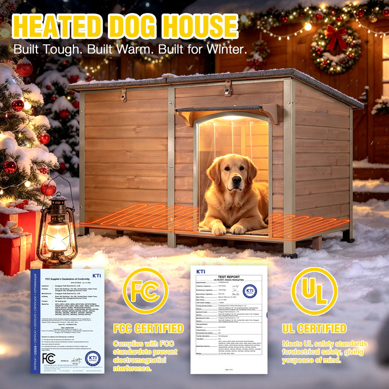 Aivituvin Extra Large Heated Dog House AIR63/64-IN-HP, 55"L/59.1"L Wooden Dog Shelter with Heating Pad