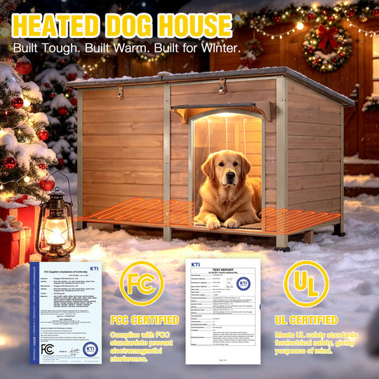 Aivituvin Extra Large Heated Dog House AIR63/64-IN-HP, 55"L/59.1"L Wooden Dog Shelter with Heating Pad