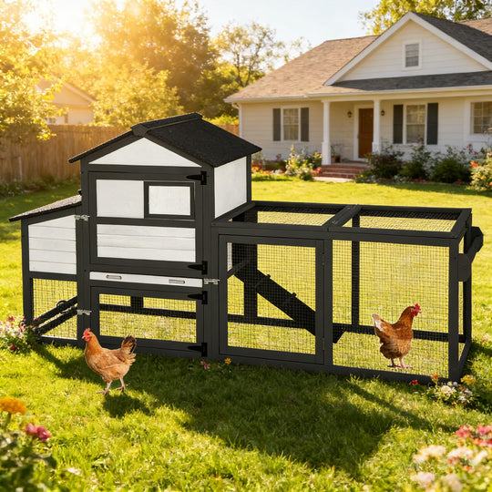 MEDEHOO Chicken Coop on Wheels, Wooden Hen House for 2-3 Chickens, Nest Box and Asphalt Roof, Black