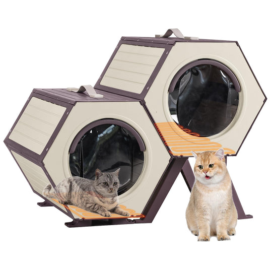 MORGETE Outdoor Heated Cat House with Heated Pad, Insulated Feral Cat Shelter House & Condo with Escape Door for Winter Weatherproof, Brown & White, 2 Set