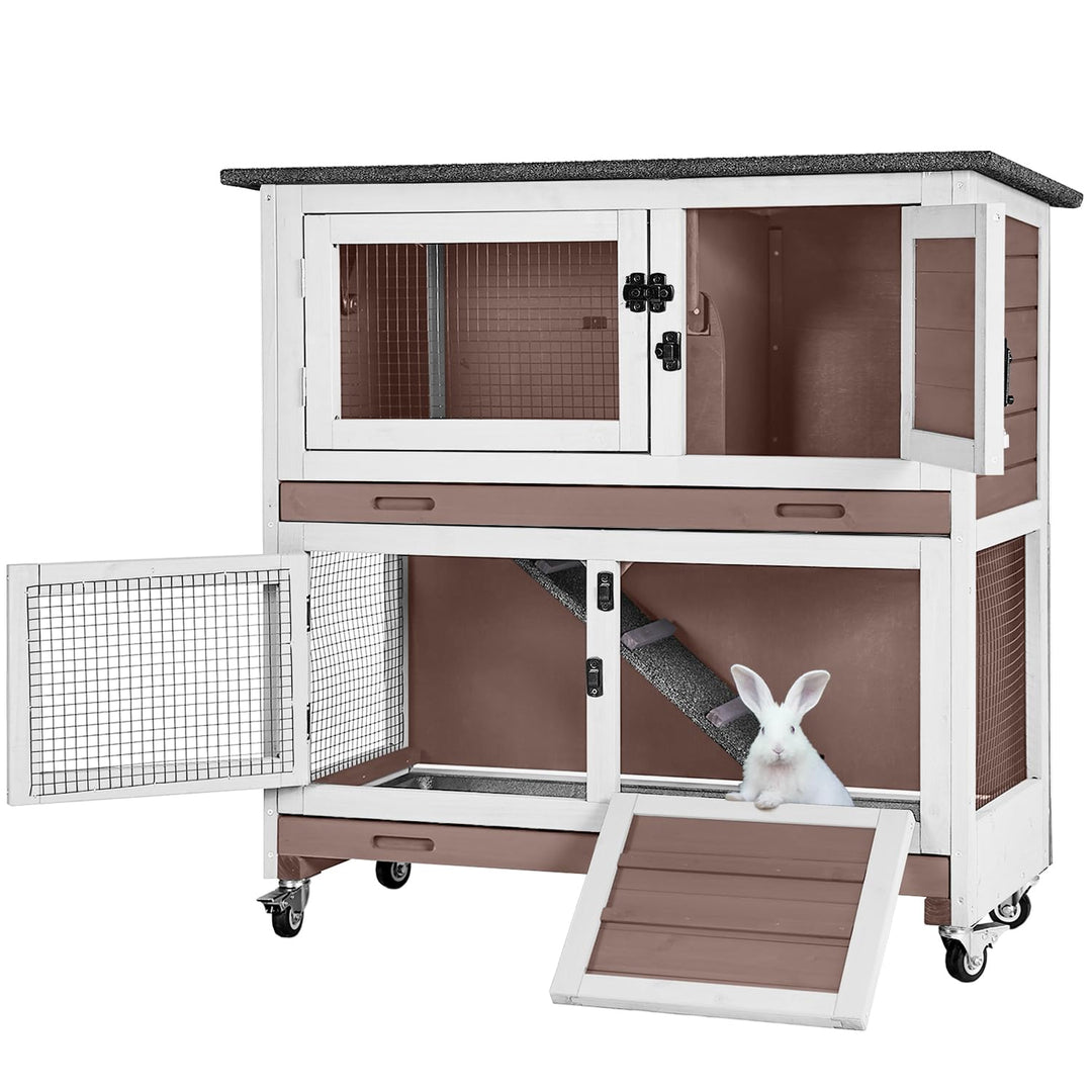 MEDEHOO Rabbit Hutch Bunny Cage Outdoors & Indoors with Wheel, Two Layer Guinea Pig House