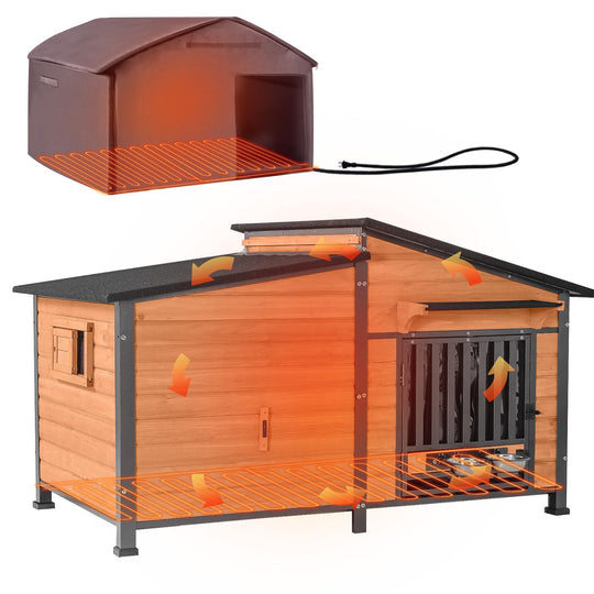 MEDEHOO AIR7021-HP Heated Dog House with Heating Pad & Anti-Chewing Metal Frame, Insulated Wooden Dog Kennel with Unique Design Roof, Weatherproof Dog House for Indoor & Outdoor Use