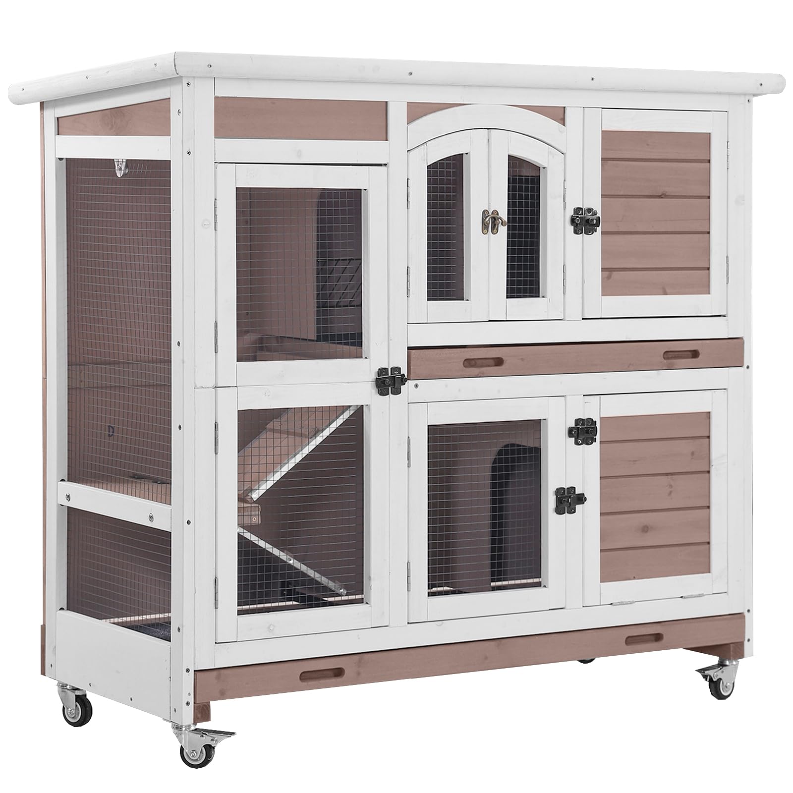 MEDEHOO Wood Rabbit Hutch Bunny Cage with Wheel, Two Layer Guinea Pig ...