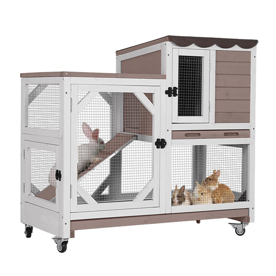 MORGETE Rabbit Cage Indoor Outdoor Bunny Hutch on Wheels, 2 Story Wood Guinea Pig Cages with 2 Deeper Pull Out Trays