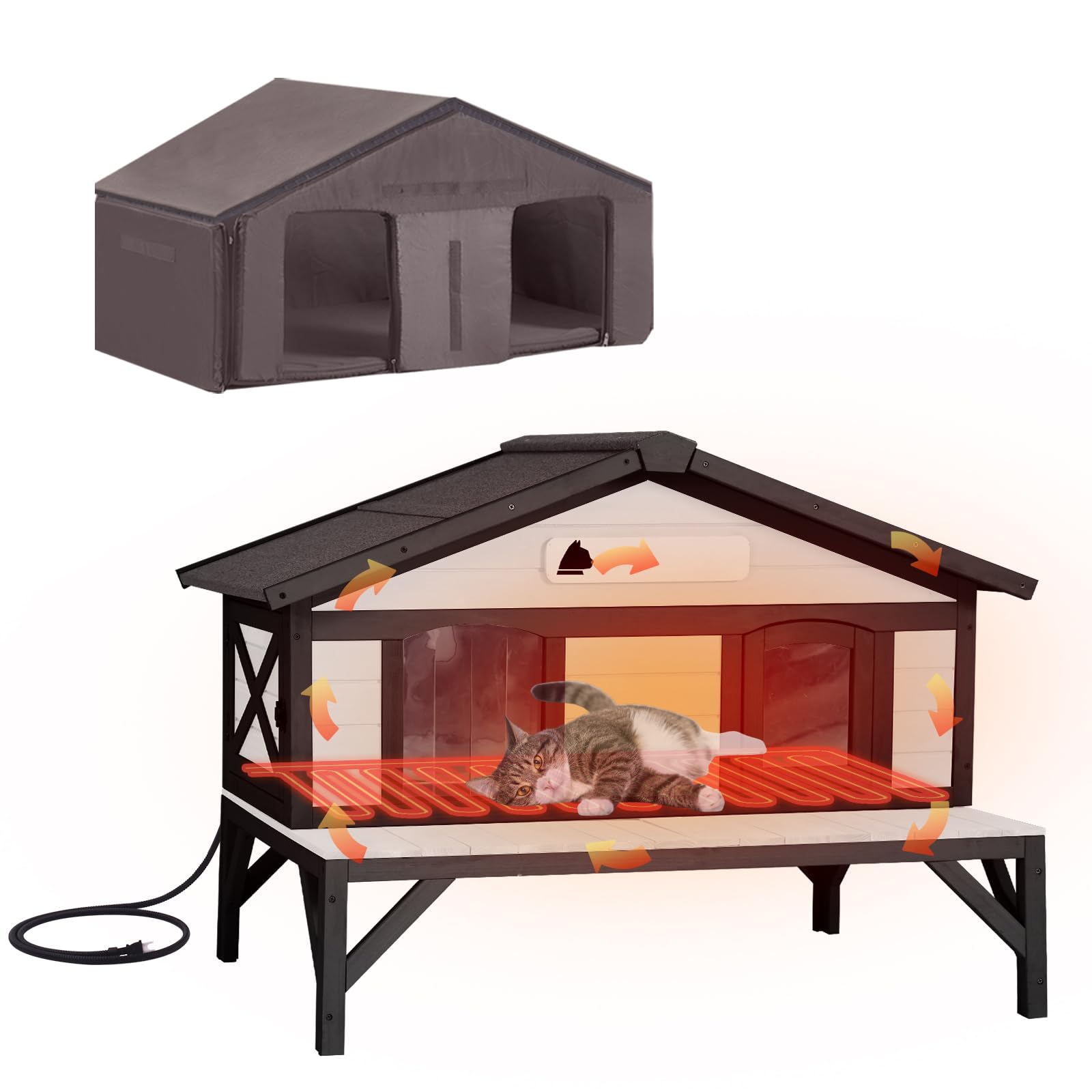 Cozy Wooden Heated Cat House with Insulation, Heating Pad