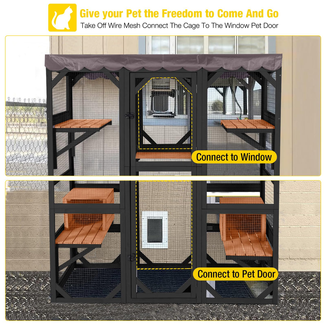 MEDEHOO 70"H Catio Outdoor Cat Enclosure Large Cat House for Mulitiple Cats Walk in Cat Cage with Tarp Roof