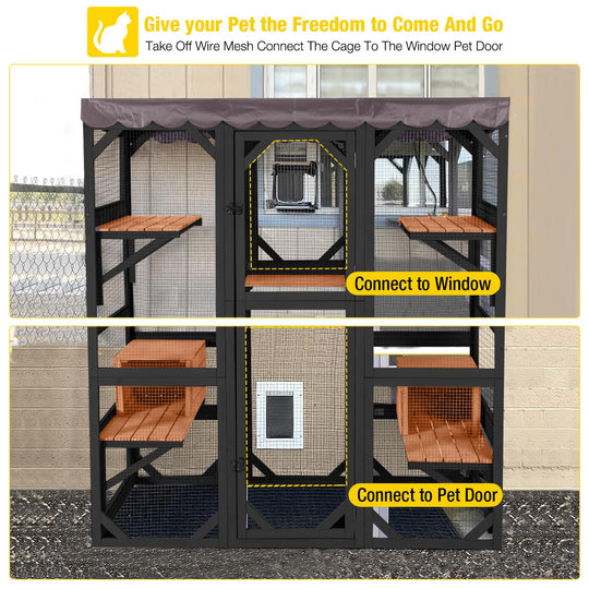 MEDEHOO 70"H Catio Outdoor Cat Enclosure Large Cat House for Mulitiple Cats Walk in Cat Cage with Tarp Roof