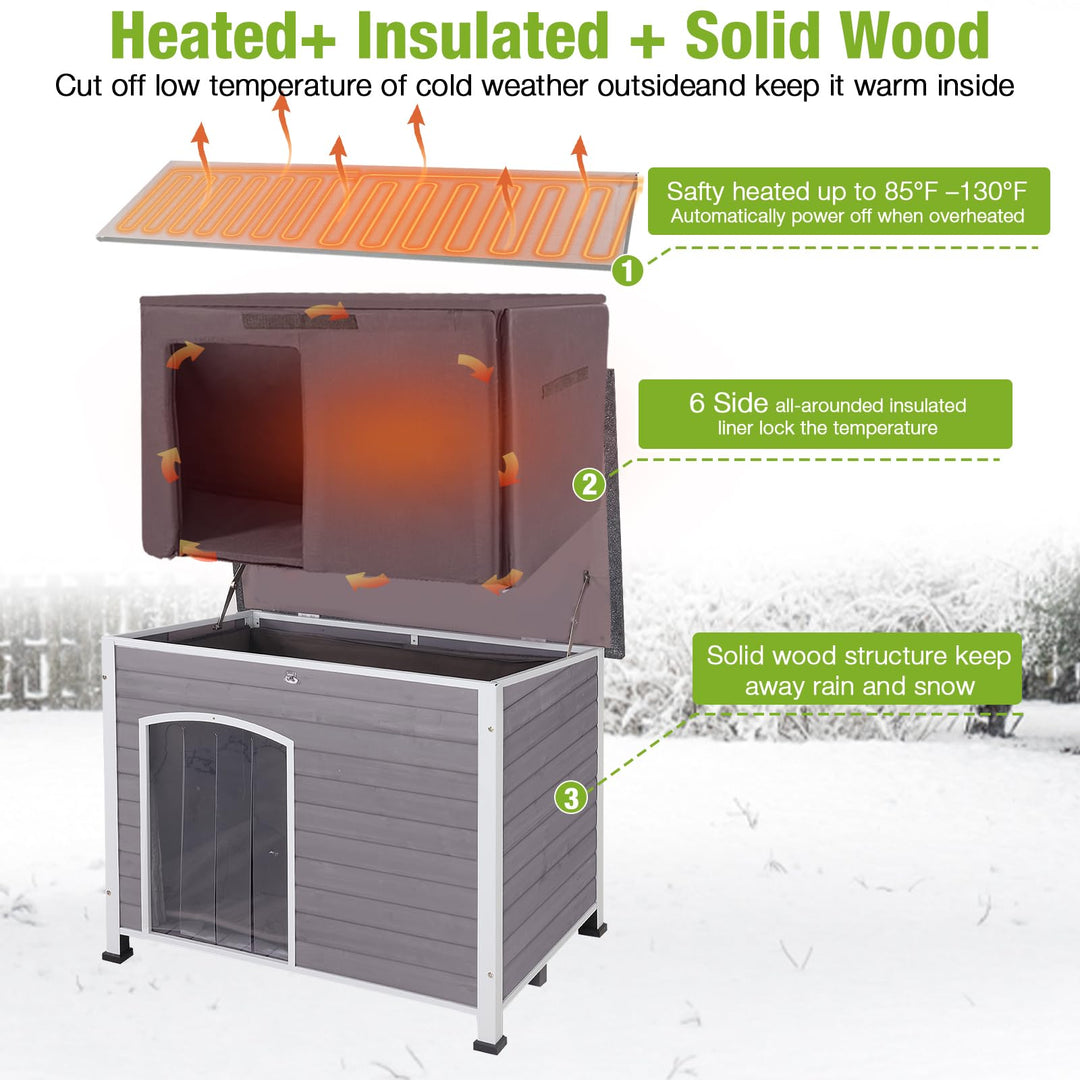 MEDEHOO AIR43-M-HP Heated Dog House with Heater and Insulated Liner, Outdoor Insulated Dog Kennel with Metal Frame Large Dog Crate for Medium to Large Dogs for Winter, 43.3" L Gray