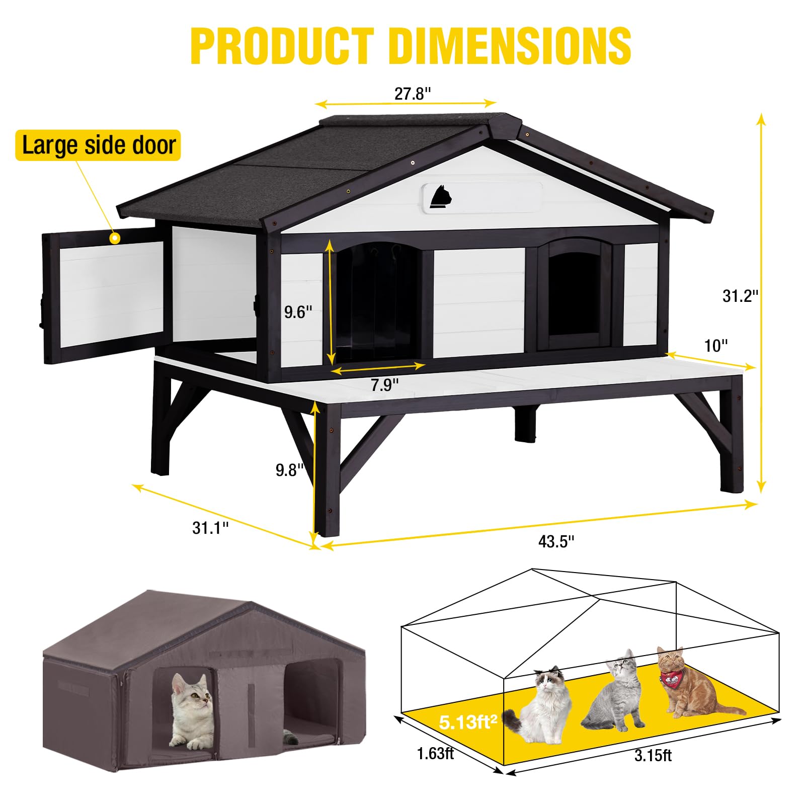 Cozy Wooden Heated Cat House with Insulation, Heating Pad