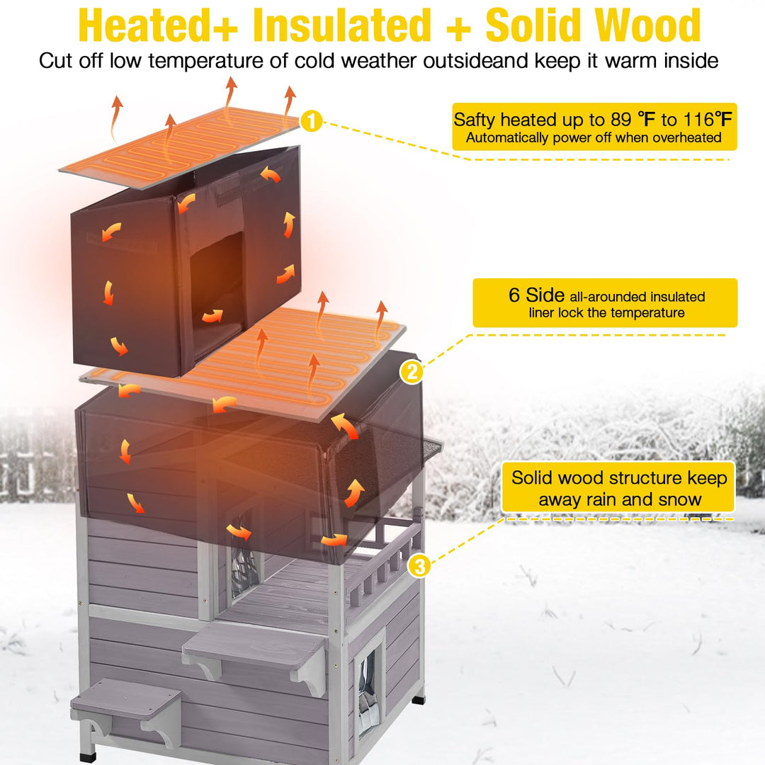 MEDEHOO Heated Outdoor Cat House for Outside, Insulated Winter Feral Cat Shelter with Heated Pad and Insulated Liner, Weatherproof