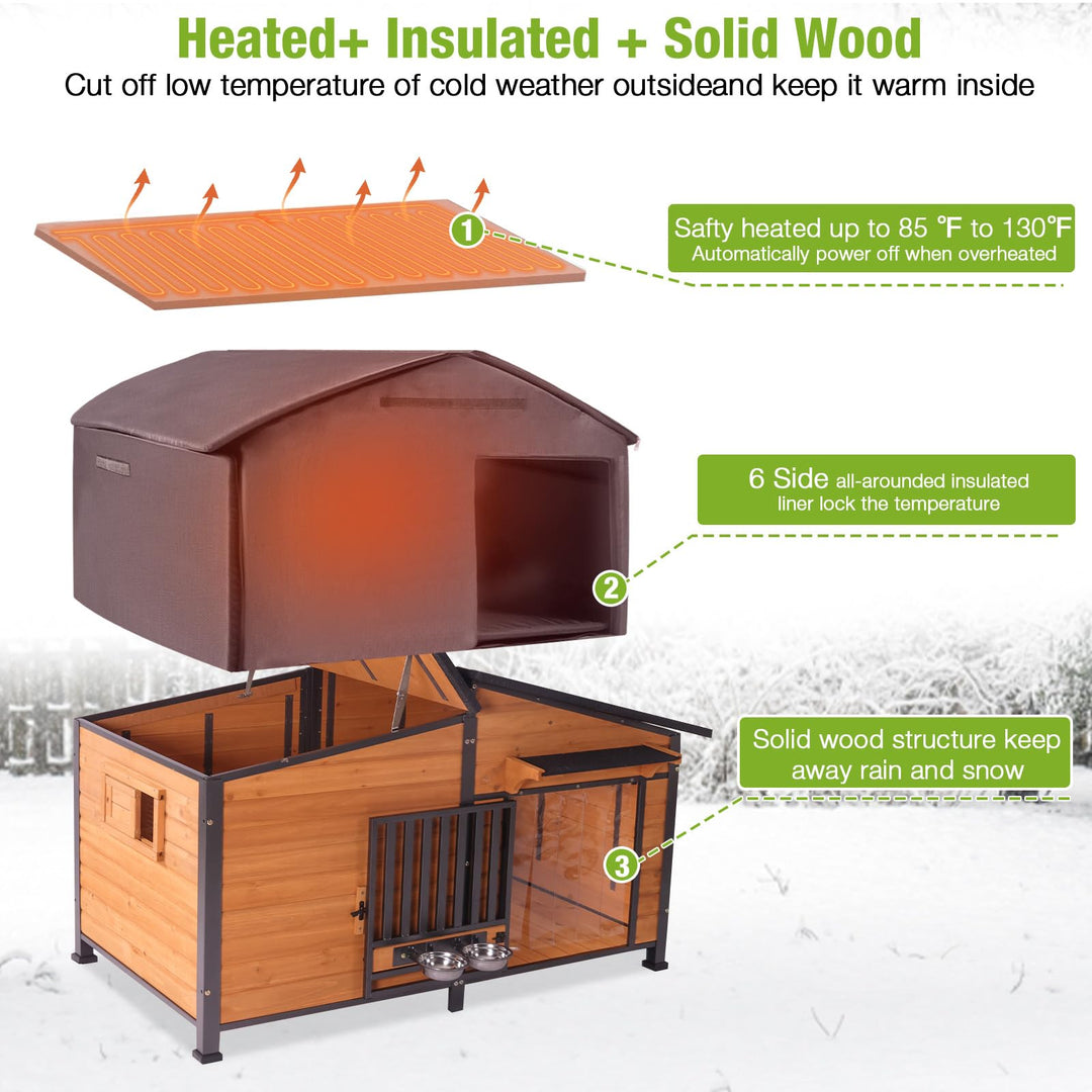 MEDEHOO AIR7021-HP Heated Dog House with Heating Pad & Anti-Chewing Metal Frame, Insulated Wooden Dog Kennel with Unique Design Roof, Weatherproof Dog House for Indoor & Outdoor Use