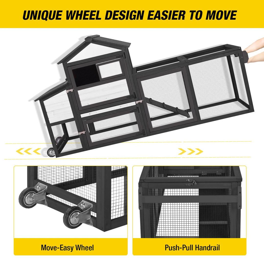 MEDEHOO Chicken Coop on Wheels, Wooden Hen House for 2-3 Chickens, Nest Box and Asphalt Roof, Black