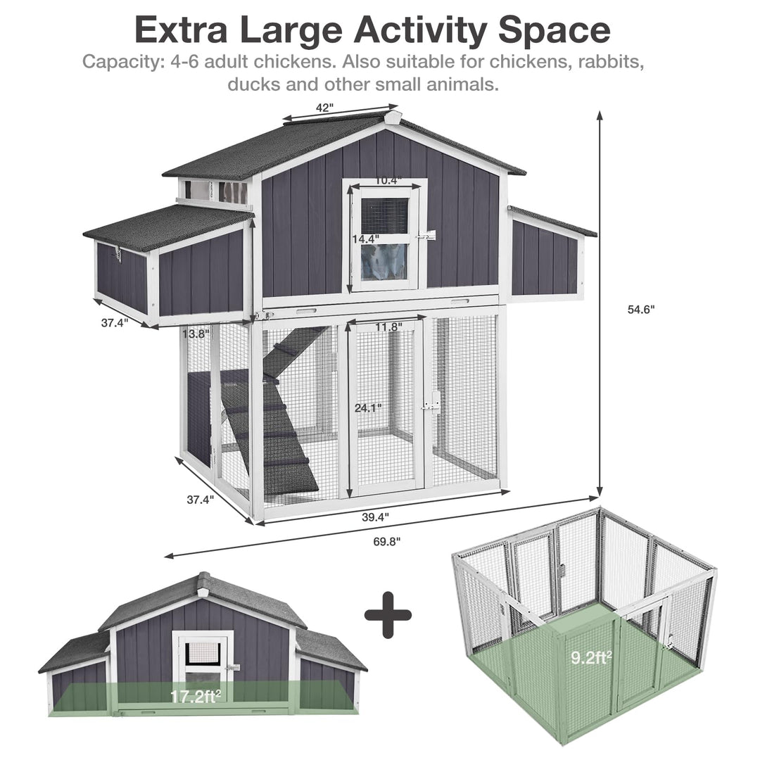 MEDEHOO Foldable Chicken Coop with Two Nest Box, 69.8'' Wooden Hen House for 4 6 Chickens