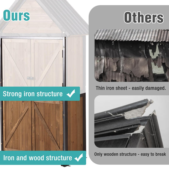 MEDEHOO AIR7004 Shed Outdoor Storage Cabinet with All-Around Strong Metal Frame Wooden Tool House