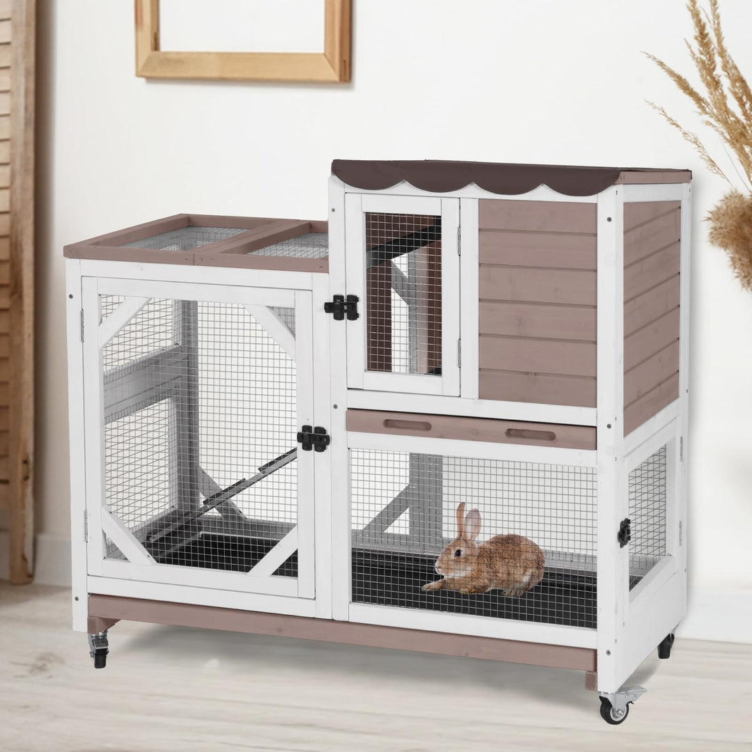 MORGETE Rabbit Cage Indoor Outdoor Bunny Hutch on Wheels, 2 Story Wood Guinea Pig Cages with 2 Deeper Pull Out Trays