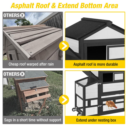 MEDEHOO Chicken Coop on Wheels, Wooden Hen House for 2-3 Chickens, Nest Box and Asphalt Roof, Black