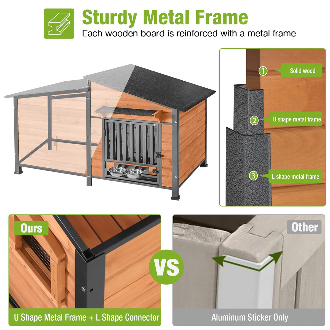 MEDEHOO AIR7021-HP Heated Dog House with Heating Pad & Anti-Chewing Metal Frame, Insulated Wooden Dog Kennel with Unique Design Roof, Weatherproof Dog House for Indoor & Outdoor Use
