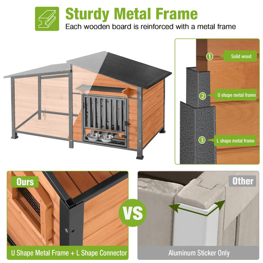 MEDEHOO AIR7021-HP Heated Dog House with Heating Pad & Anti-Chewing Metal Frame, Insulated Wooden Dog Kennel with Unique Design Roof, Weatherproof Dog House for Indoor & Outdoor Use