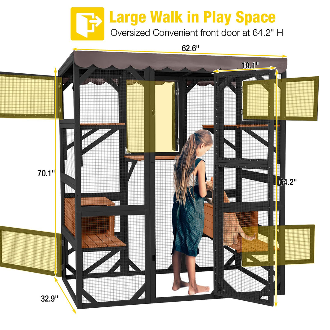 MEDEHOO 70"H Catio Outdoor Cat Enclosure Large Cat House for Mulitiple Cats Walk in Cat Cage with Tarp Roof