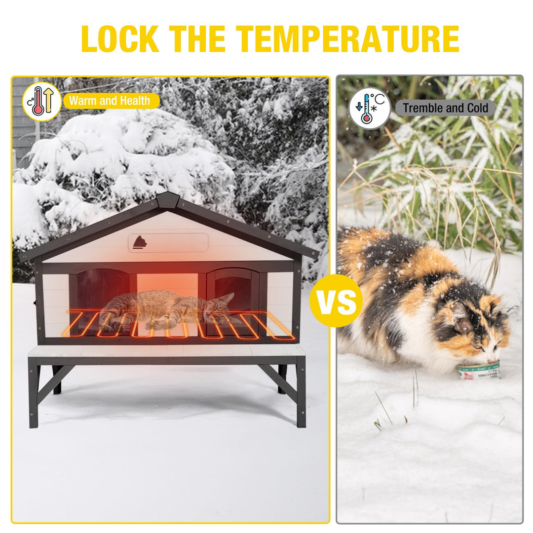 MEDEHOO AIR92-IN-HP Wooden Heated Cat House with Insulated Liner for Winter Outdoor