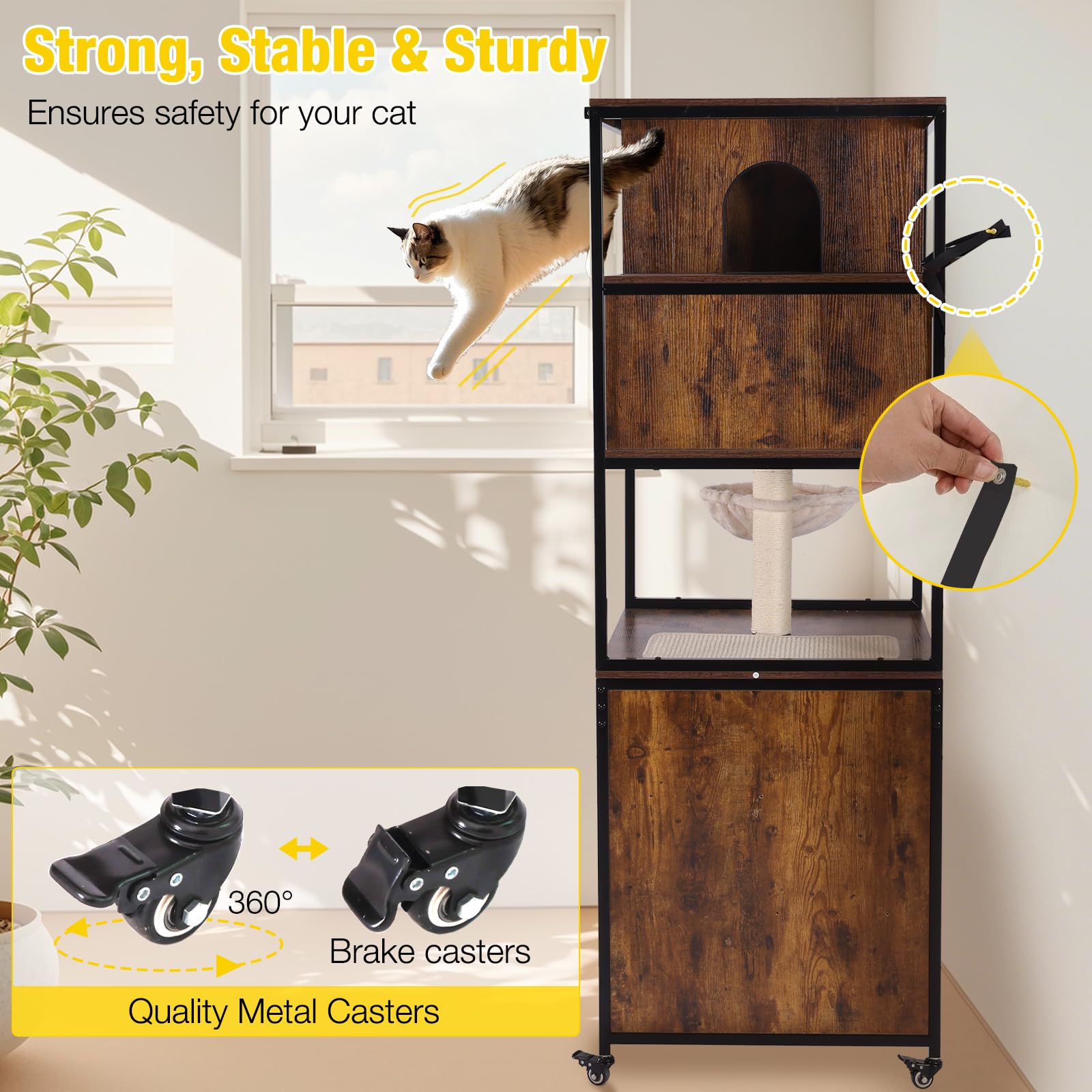 Morgete Cat Tree, 68-Inch Cat Tower for Indoor Cats, Wood Cat