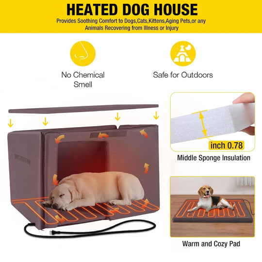 MEDEHOO AIR76-M-HP Insulated Heated Dog House with Insulated Liner & Heating Pad, All-Around Iron Frame Large Outdoor Dog House for Small & Medium & Large Dogs, Waterproof