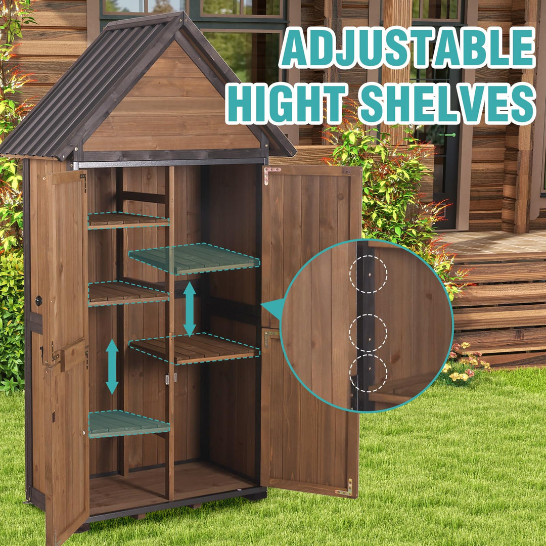 MEDEHOO AIR7004 Shed Outdoor Storage Cabinet with All-Around Strong Metal Frame Wooden Tool House