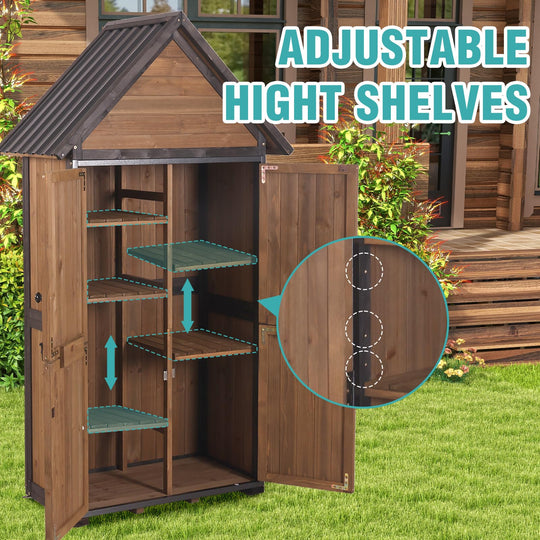 MEDEHOO AIR7004 Shed Outdoor Storage Cabinet with All-Around Strong Metal Frame Wooden Tool House