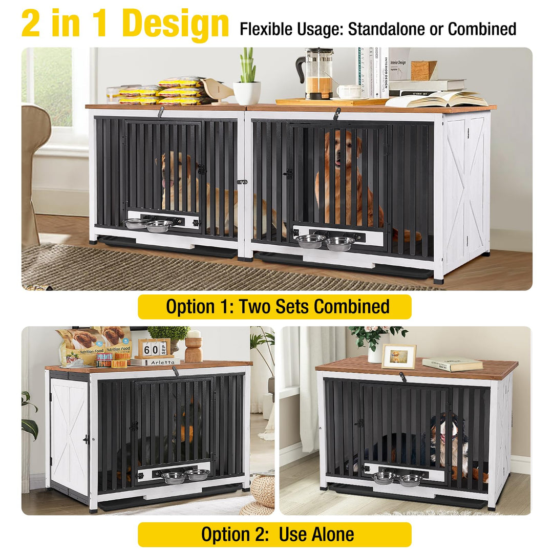 MORGETE 78.8" Dog Crate Furniture for 2 Dogs, 100% Solid Wood Large Double Dog Crate Furniture for Large Breed with Metal Pipe, Indoor Dog Kennel TV Stand End Table with 360° Rotatable Dog Bowls