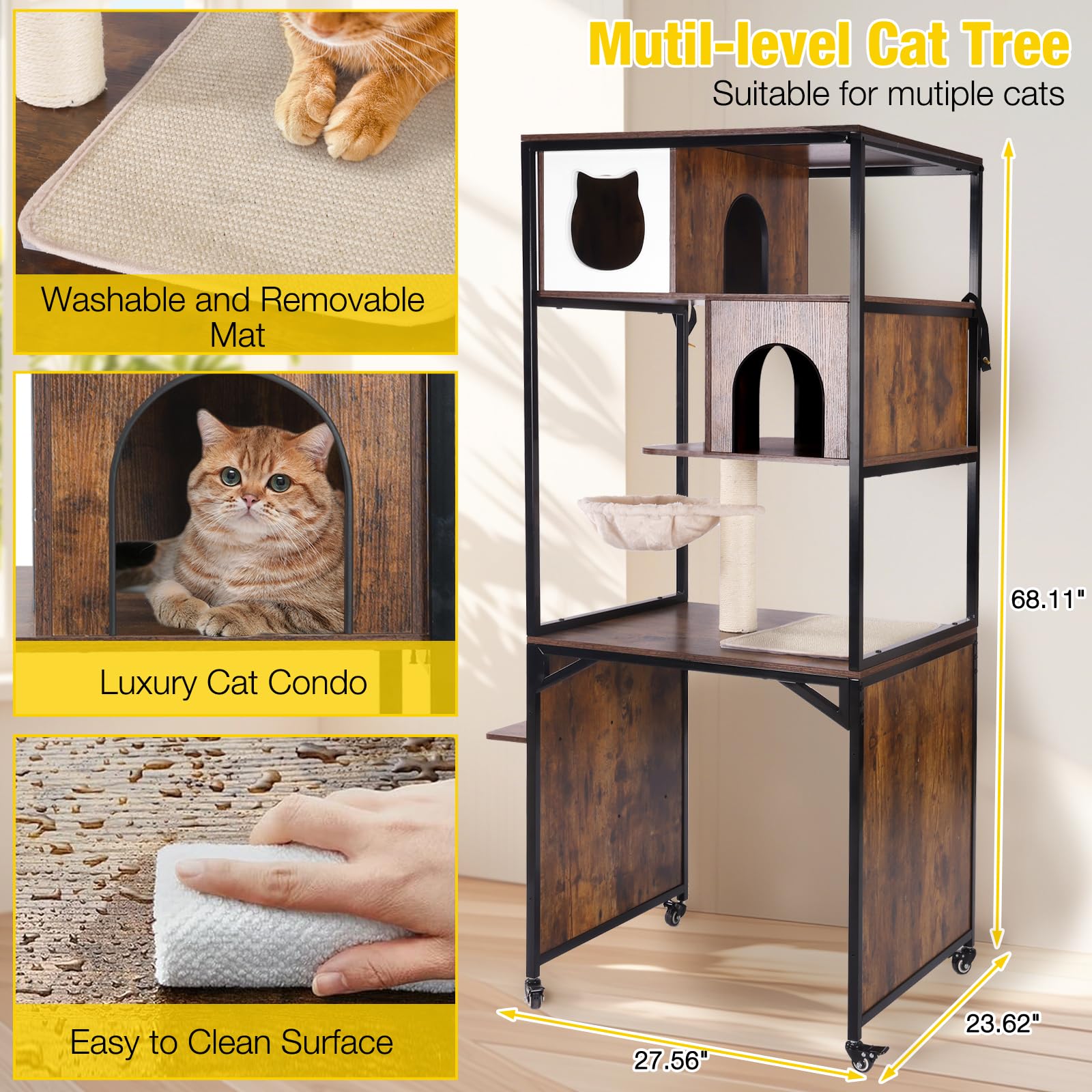 Morgete Cat Tree, 68-Inch Cat Tower for Indoor Cats, Wood Cat