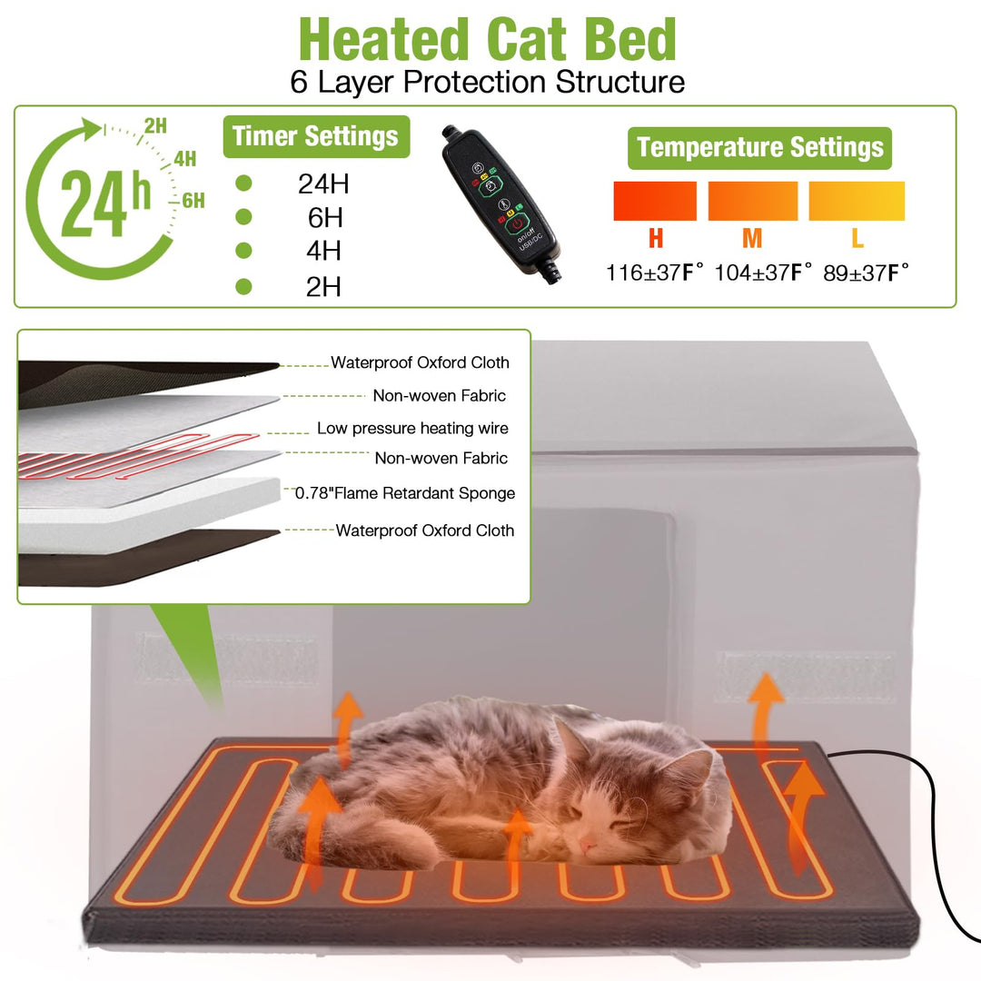 MORGETE Outdoor Heated Cat House with Heated Pad & Insulated Liner, Weatherproof Insulated Feral Cat Shelter for Winter