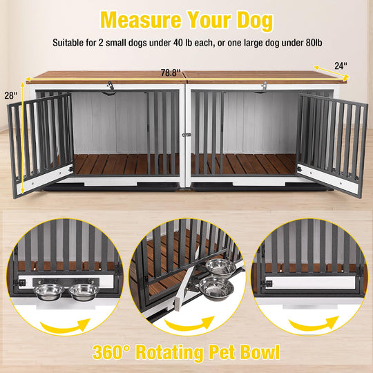 MORGETE 78.8" Dog Crate Furniture for 2 Dogs, 100% Solid Wood Large Double Dog Crate Furniture for Large Breed with Metal Pipe, Indoor Dog Kennel TV Stand End Table with 360° Rotatable Dog Bowls