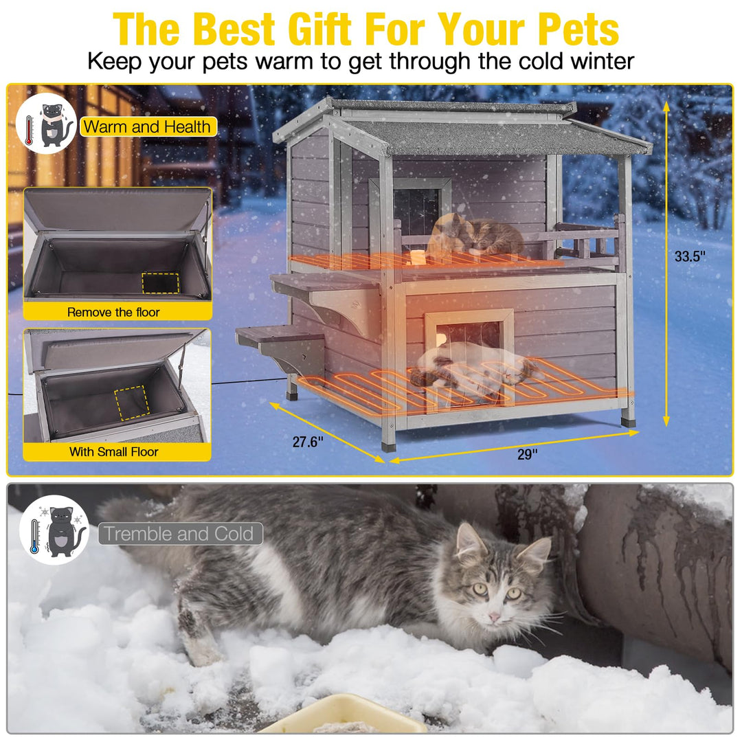 MEDEHOO Heated Outdoor Cat House for Outside, Insulated Winter Feral Cat Shelter with Heated Pad and Insulated Liner, Weatherproof