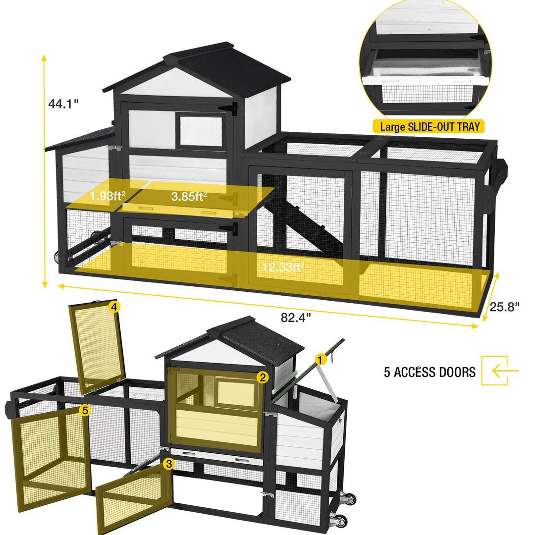 MEDEHOO Chicken Coop on Wheels, Wooden Hen House for 2-3 Chickens, Nest Box and Asphalt Roof, Black