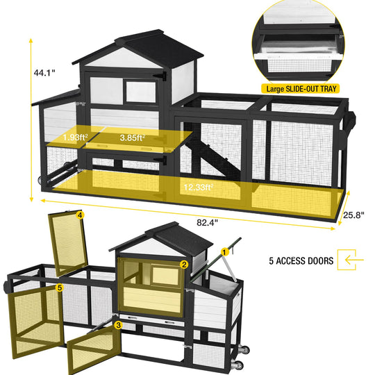 MEDEHOO Chicken Coop on Wheels, Wooden Hen House for 2-3 Chickens, Nest Box and Asphalt Roof, Black