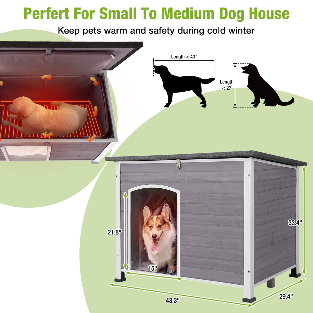 MEDEHOO AIR43-M-HP Heated Dog House with Heater and Insulated Liner, Outdoor Insulated Dog Kennel with Metal Frame Large Dog Crate for Medium to Large Dogs for Winter, 43.3" L Gray