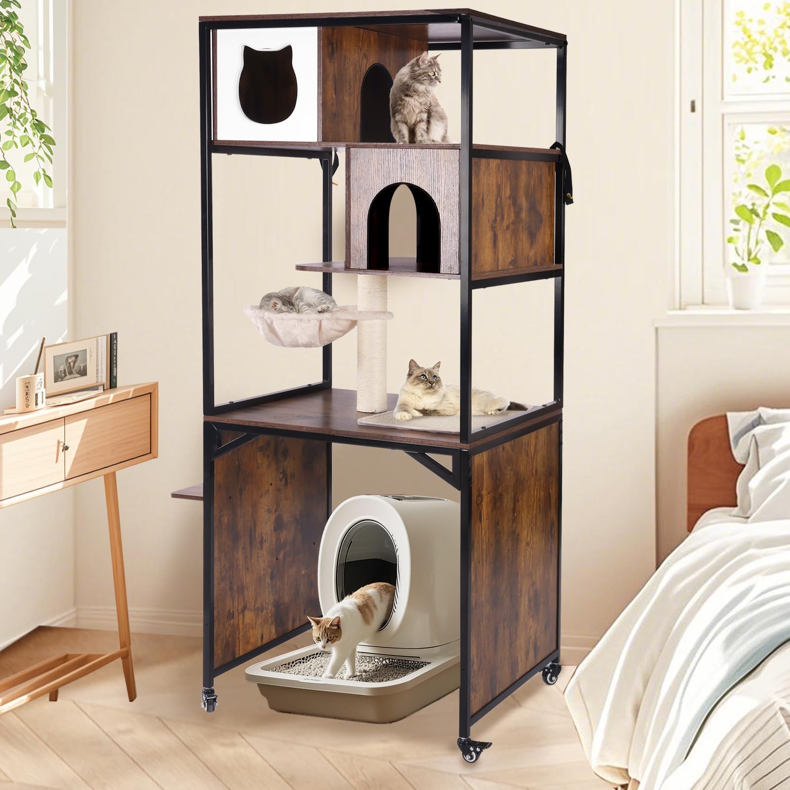 Morgete Cat Tree, 68-Inch Cat Tower for Indoor Cats, Wood Cat