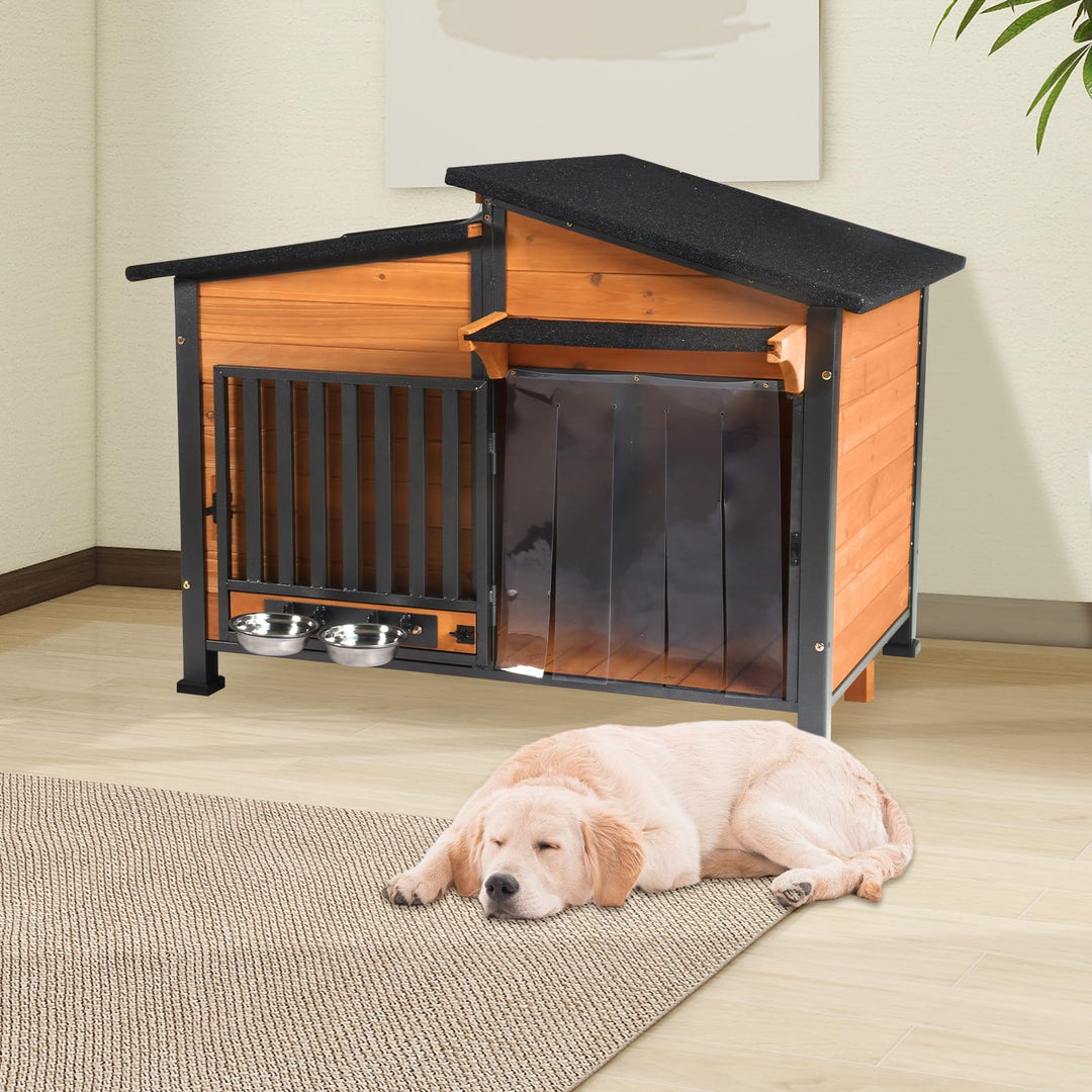 Morgete AIR7021 Dog House with Anti-Chewing Metal Frame Design Wooden Dog Kennel with Unique Design Roof, Weatherproof Dog House for Indoor & Outdoor Use