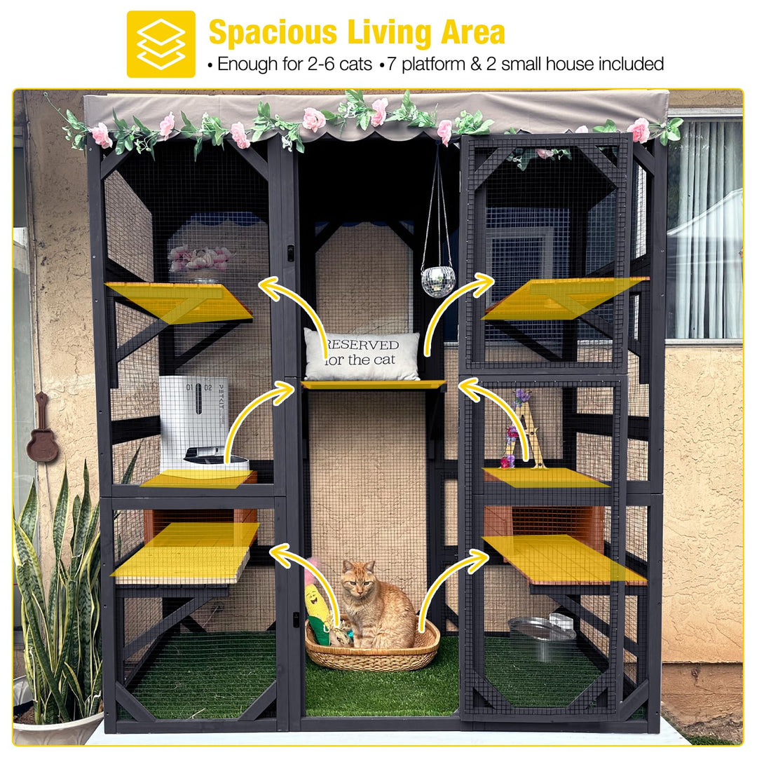 MEDEHOO 70"H Catio Outdoor Cat Enclosure Large Cat House for Mulitiple Cats Walk in Cat Cage with Tarp Roof