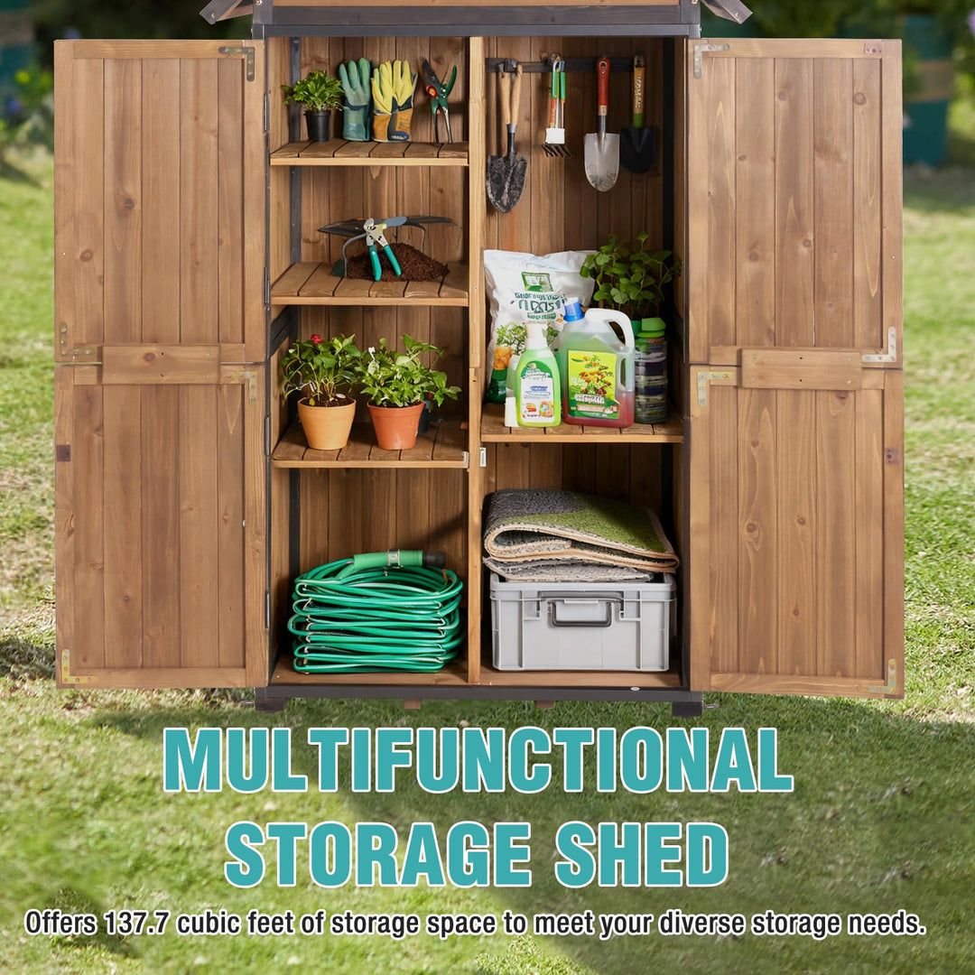 MEDEHOO AIR7004 Shed Outdoor Storage Cabinet with All-Around Strong Metal Frame Wooden Tool House