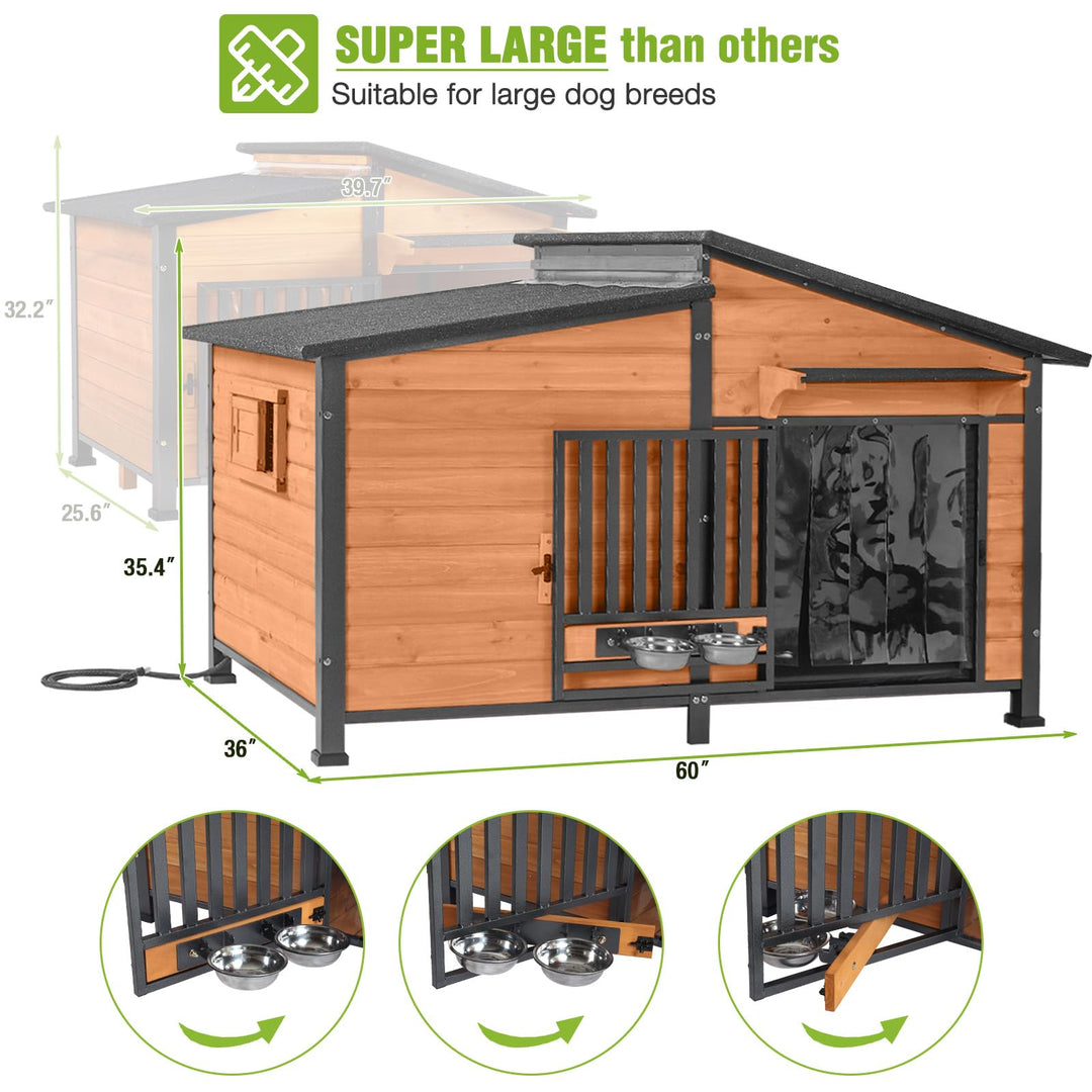MEDEHOO AIR7021-HP Heated Dog House with Heating Pad & Anti-Chewing Metal Frame, Insulated Wooden Dog Kennel with Unique Design Roof, Weatherproof Dog House for Indoor & Outdoor Use