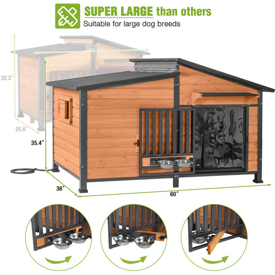 MEDEHOO AIR7021-HP Heated Dog House with Heating Pad & Anti-Chewing Metal Frame, Insulated Wooden Dog Kennel with Unique Design Roof, Weatherproof Dog House for Indoor & Outdoor Use