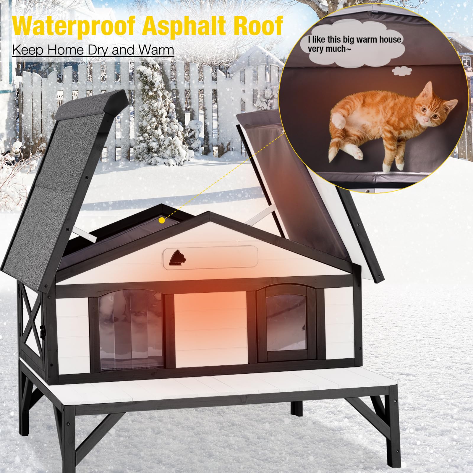 Cozy Wooden Heated Cat House with Insulation, Heating Pad