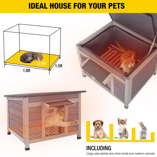 MEDEHOO AIR12-IN-HP Outdoor Heated Cat House with Heated Pad & Insulated Liner, Weatherproof Insulated Feral Cat Shelter for Winter
