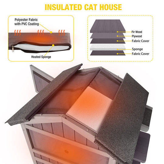 Morgete Insulated Outdoor Cat House Weatherproof Feral Cat Shelter for Winter 2 Story Cat Condos Escape Doors with Balcony