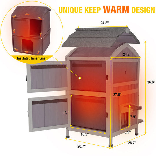 Morgete Insulated Outdoor Cat House Weatherproof Feral Cat Shelter for Winter 2 Story Cat Condos Escape Doors with Balcony